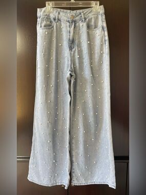 Yozy Pearl-Embellished Light Wash Women's Wide Leg Jeans